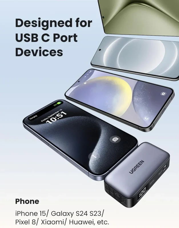 Ugreen 5000Mah Pd-20W Power Bank With Built-In Usb-C Connector - Grey