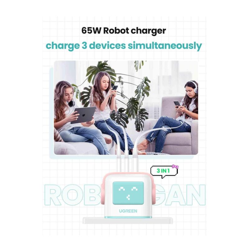 Ugreen Nexode 65W - 3-Port Gan Fast Charger - Pink Blue