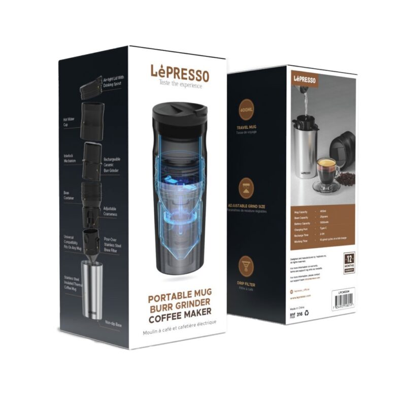Lepresso Portable Mug Burr Grinder Coffee Maker - Silver